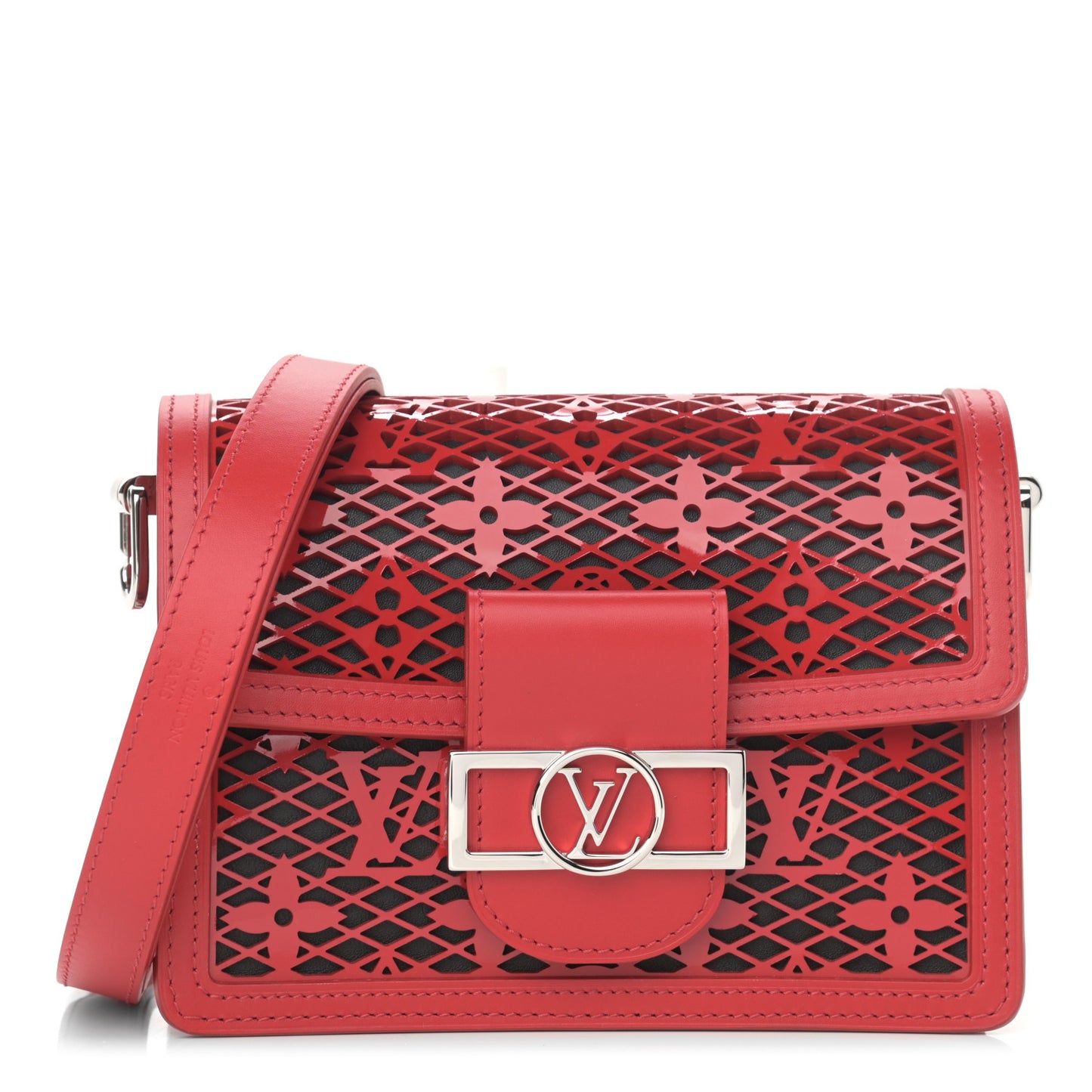 Patent Calfskin Monogram Lace Dauphine Mini Red