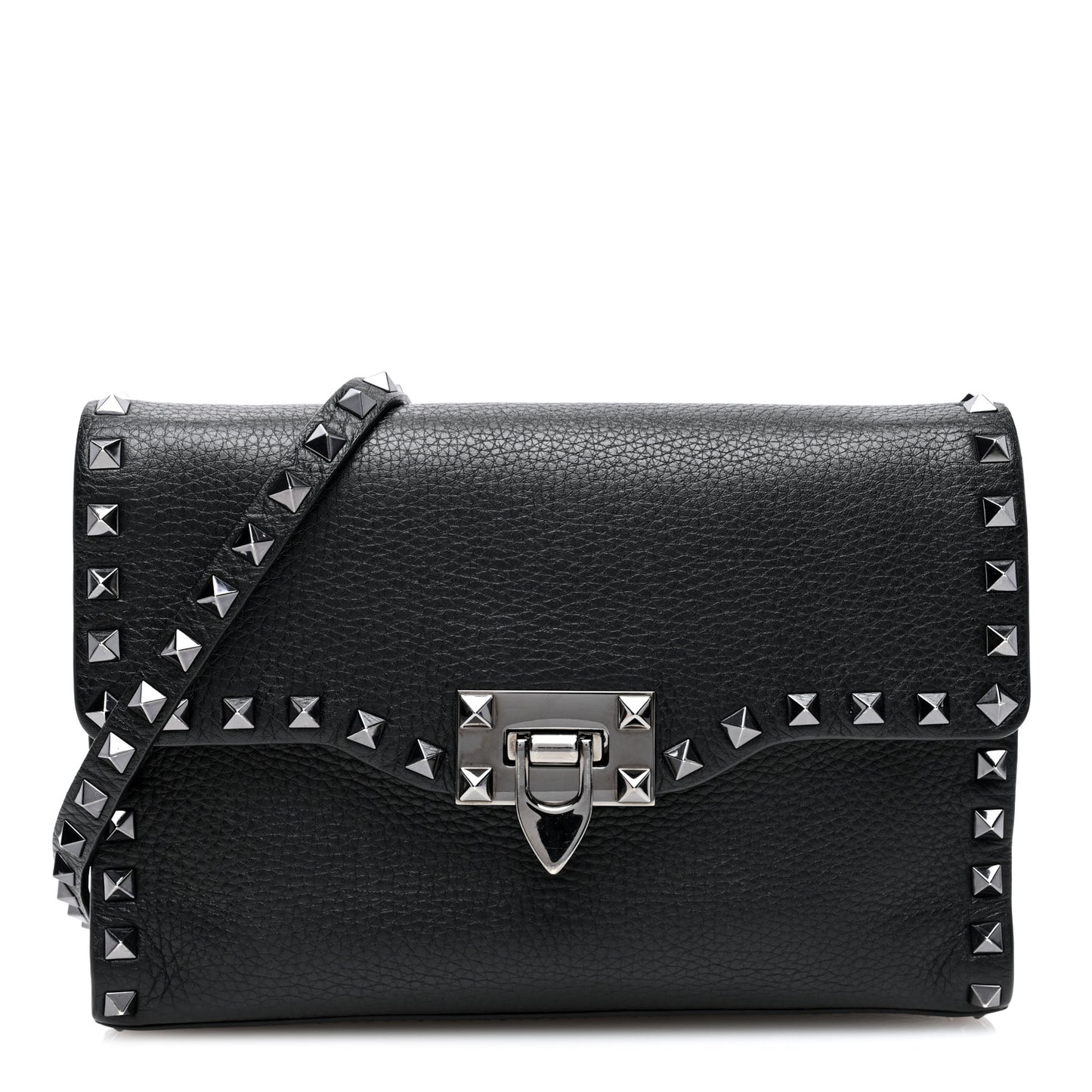Pebbled Calfskin Monochrome Medium Rockstud Flip Lock Crossbody Bag Black