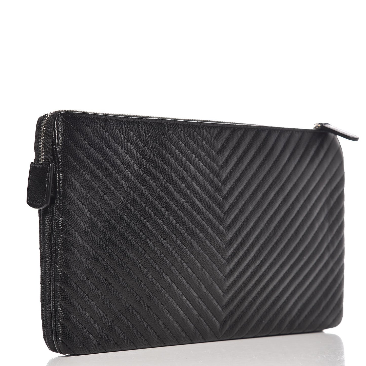 Caviar Chevron Quilted Large Zipped Clutch Black