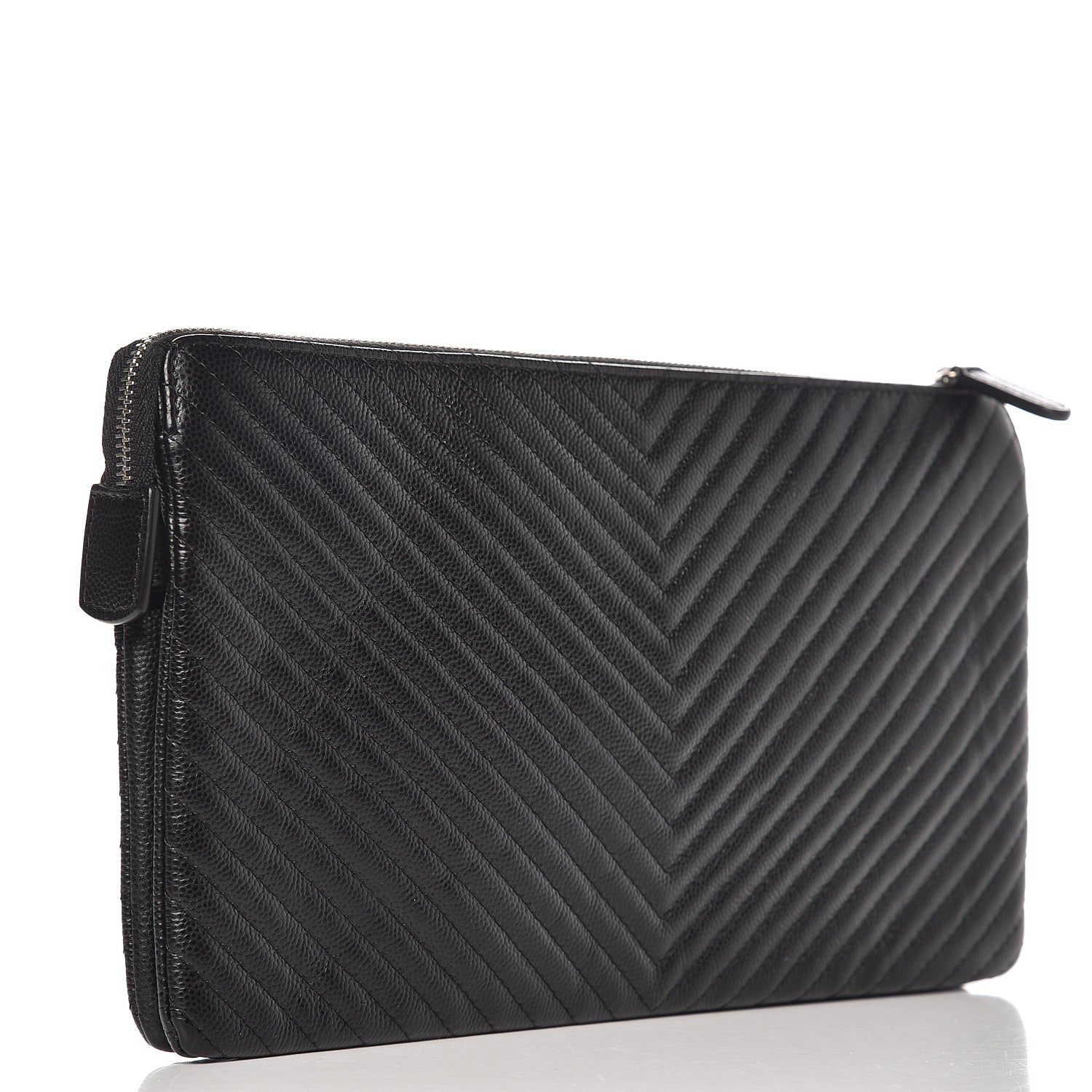 Chanel Caviar Chevron Quilted Large Zipped Clutch Black 3 of 8