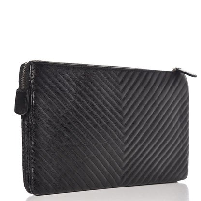Chanel Caviar Chevron Quilted Large Zipped Clutch Black 3 of 8
