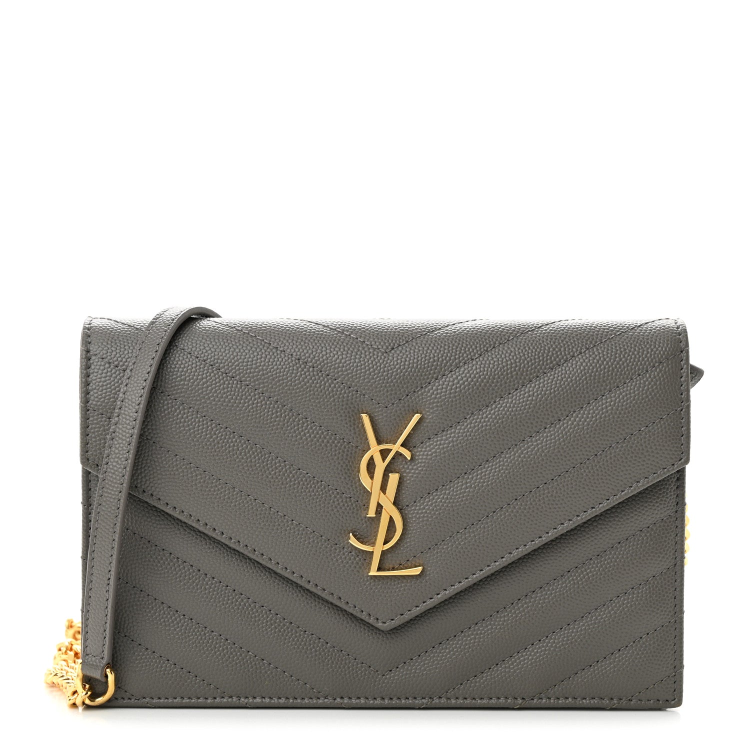 Saint Laurent Grain De Poudre Matelasse Chevron Monogram Envelope Chain Wallet Fog 1 of 11