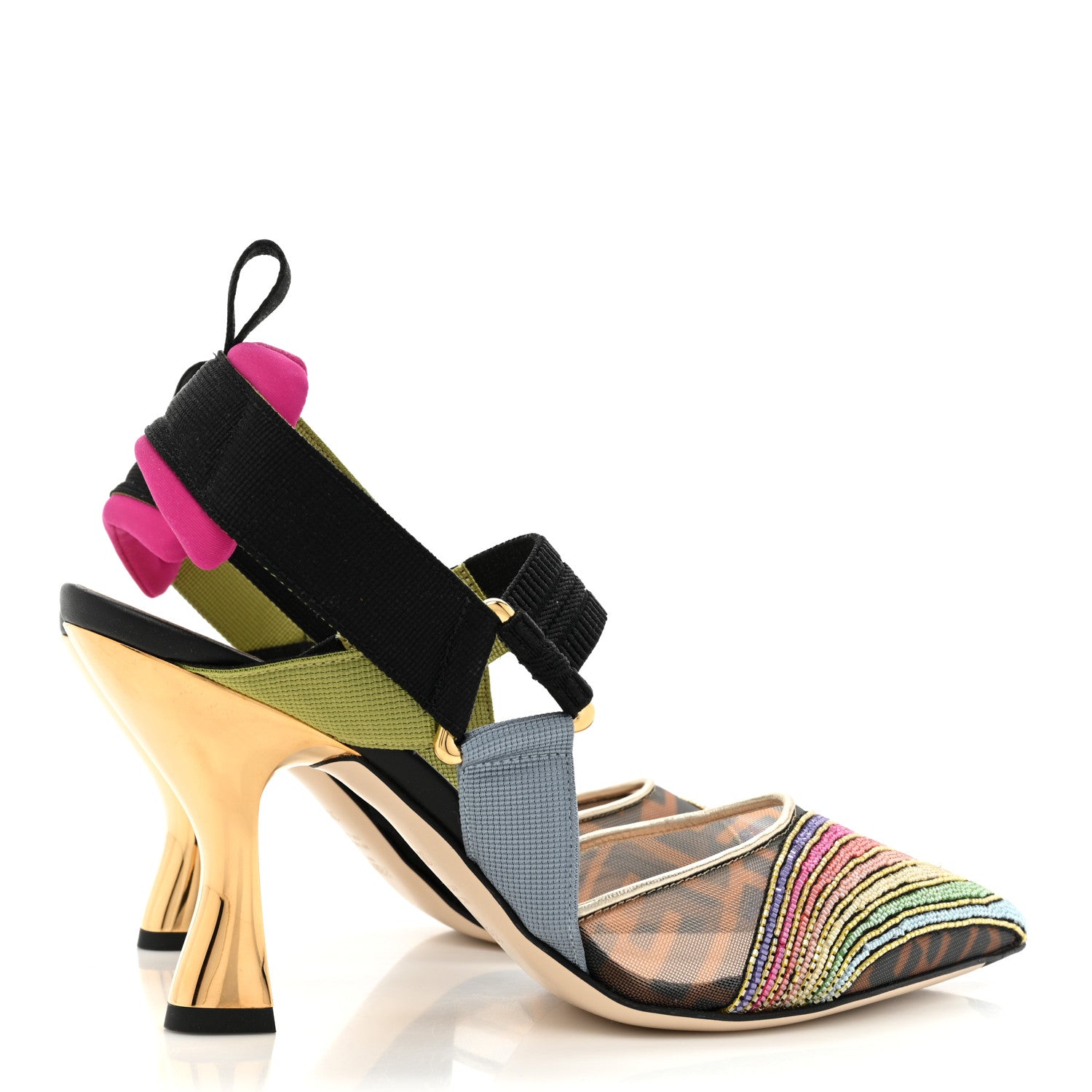 Fendi Technical Mesh FF Rainbow Beaded Colibri 85mm Slingback Pumps 38.5 Tobacco Black Multicolor 4 of 8