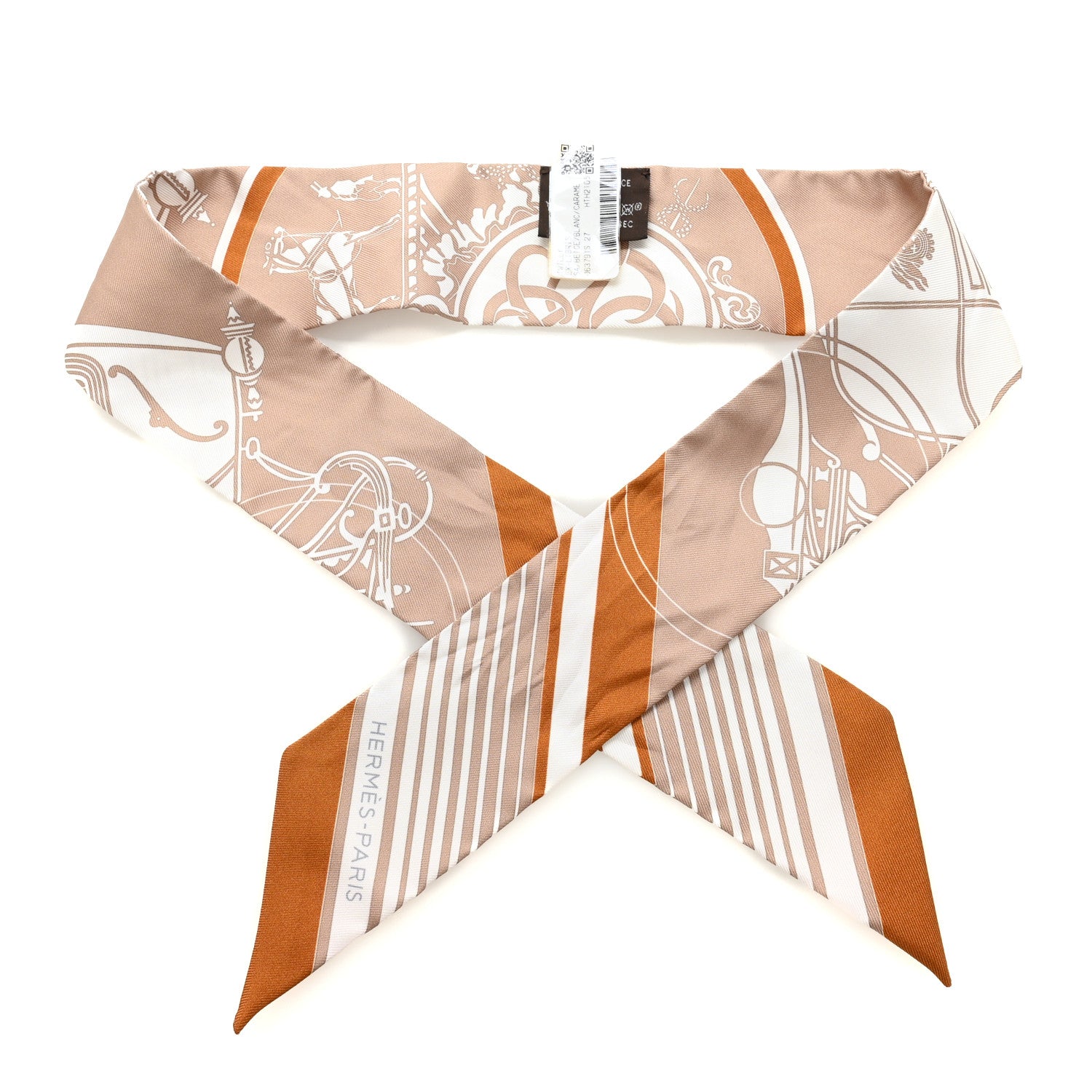 Hermes Silk Ex-Libris Forever Twilly Beige White Caramel 1 of 4