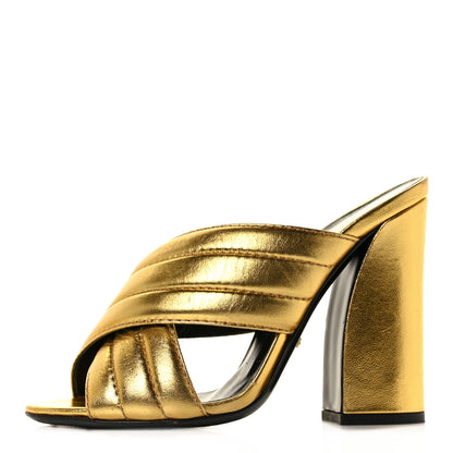 Gucci Metallic Nappa Webby Crossover High Heel Slide Sandals 37 Oro Vecchio 1 of 9