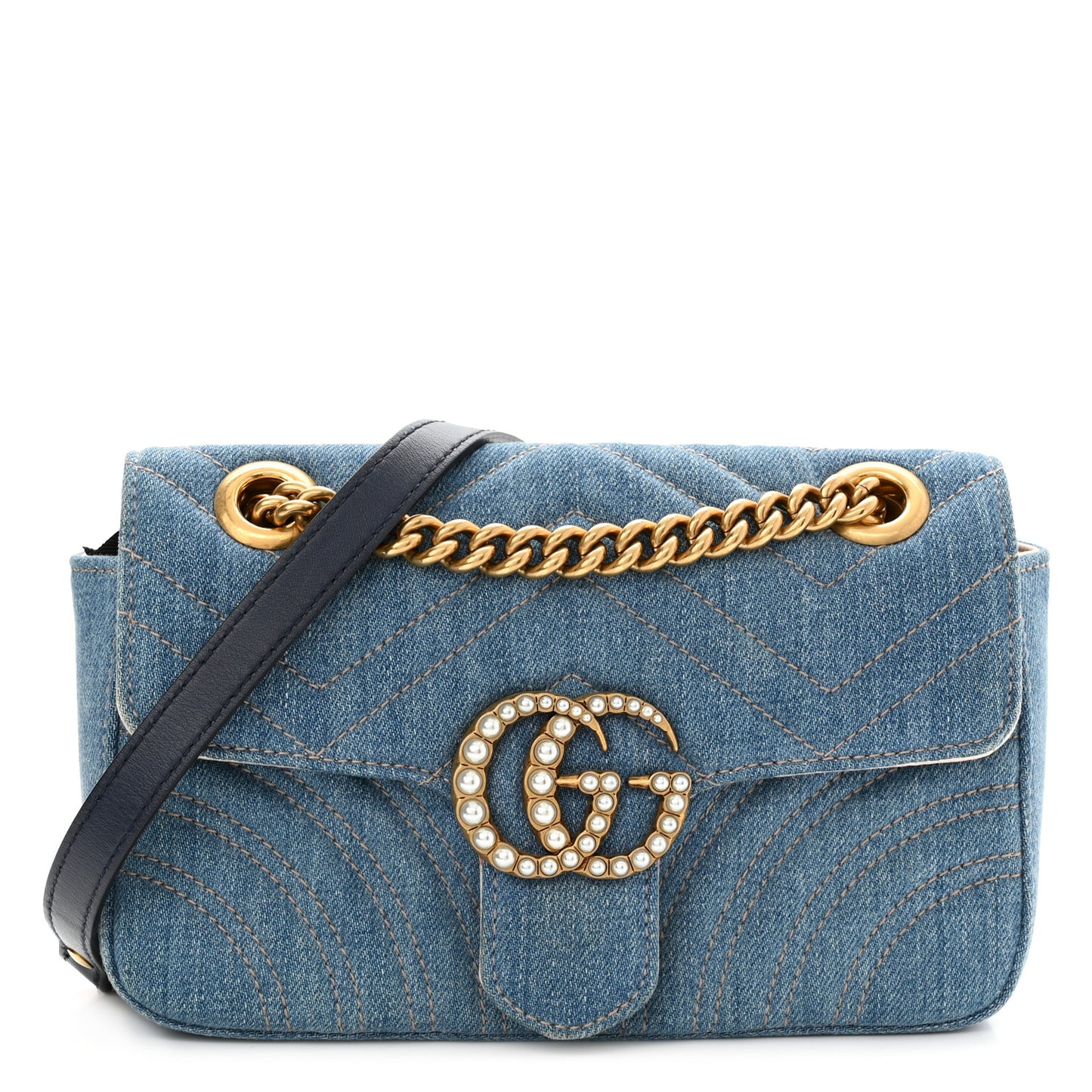 Denim Matelasse Mini Pearly GG Marmont Shoulder Bag Blue