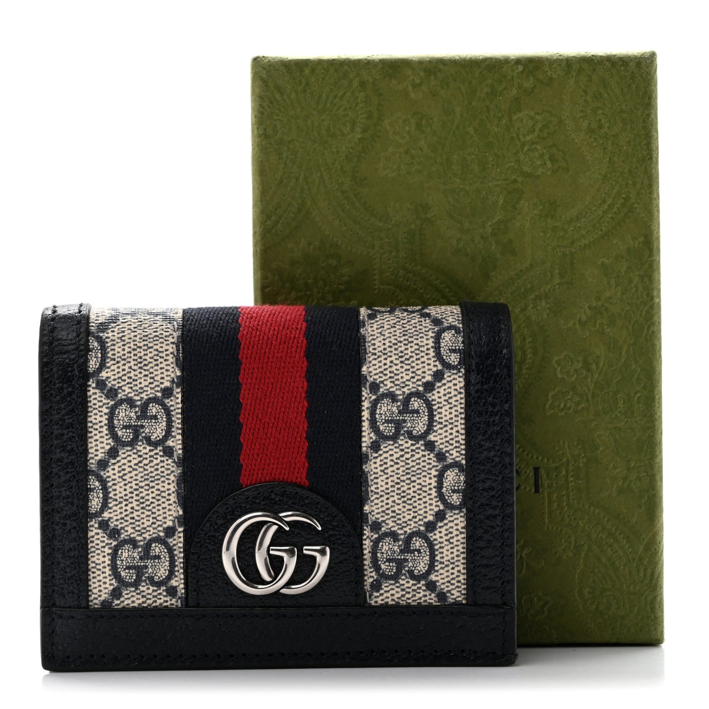 GG Supreme Monogram Textured Dollar Calfskin Web Ophidia Card Case Beige Blue