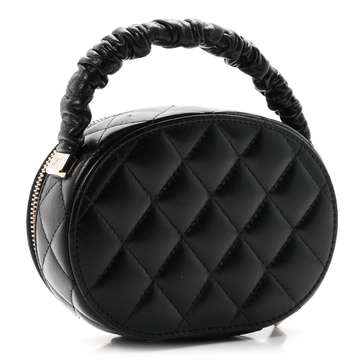 Lambskin Quilted Ruched Top Handle Vanity Case Black