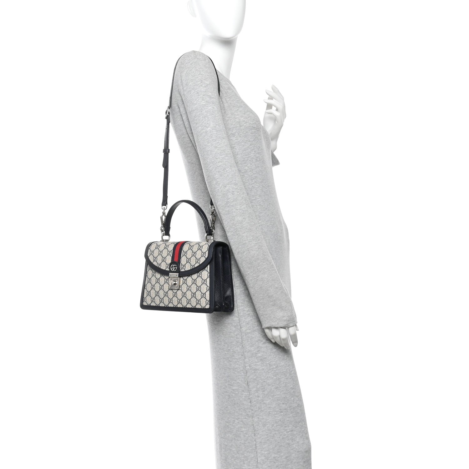 Gucci GG Supreme Monogram Textured Dollar Calfskin Web Small Ophidia Padlock Top Handle Bag Beige Blue 2 of 10
