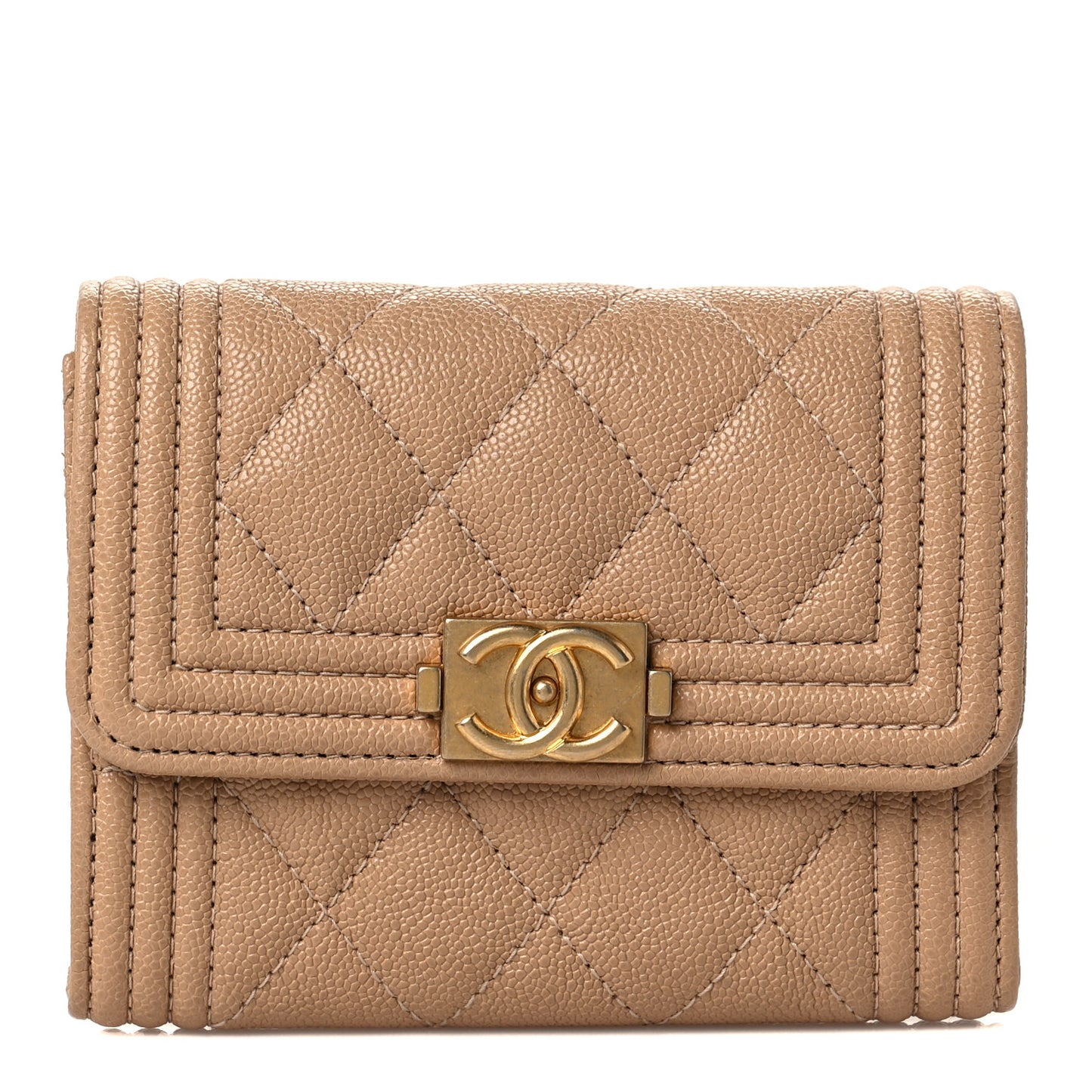 Caviar Quilted Boy Card Holder Wallet Beige