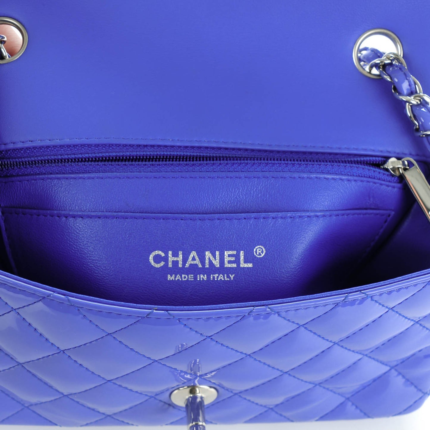 Patent Calfskin Quilted Mini Rectangular Flap Blue