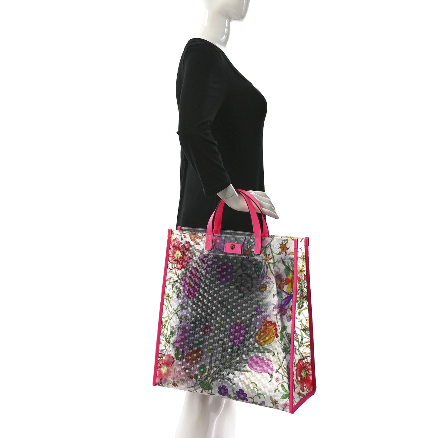 Calfskin Textured Vinyl Print Flora Tote Fluorescent Fuchsia
