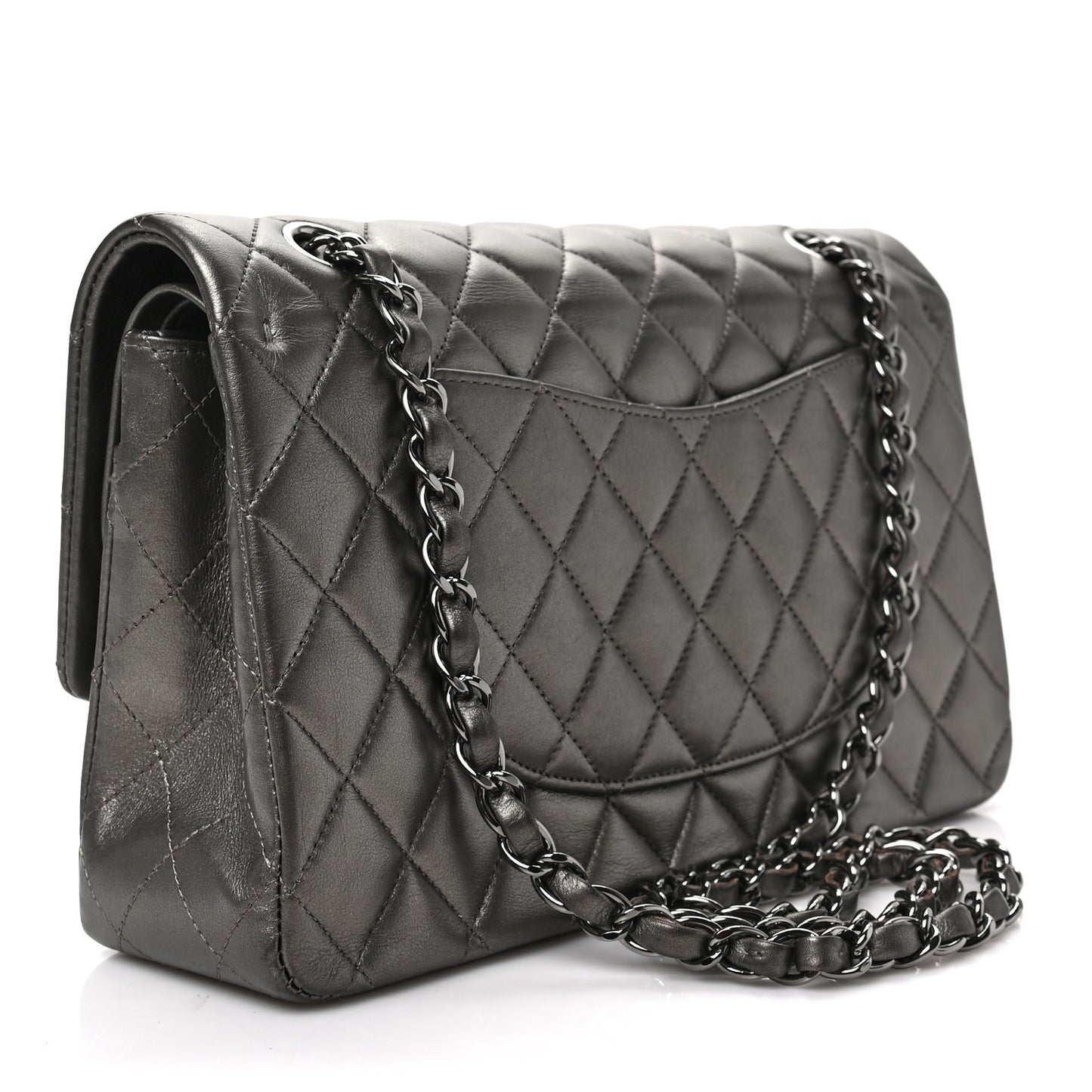 Metallic Lambskin Quilted Medium Double Flap Pewter