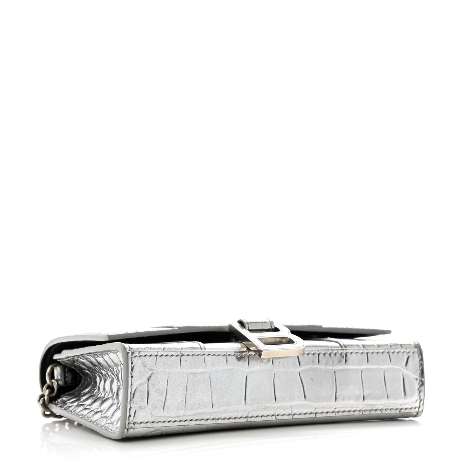 Balenciaga Shiny Calfskin Crocodile Embossed Hourglass Chain Bag Silver 4 of 12