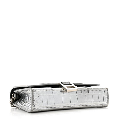 Balenciaga Shiny Calfskin Crocodile Embossed Hourglass Chain Bag Silver 4 of 12