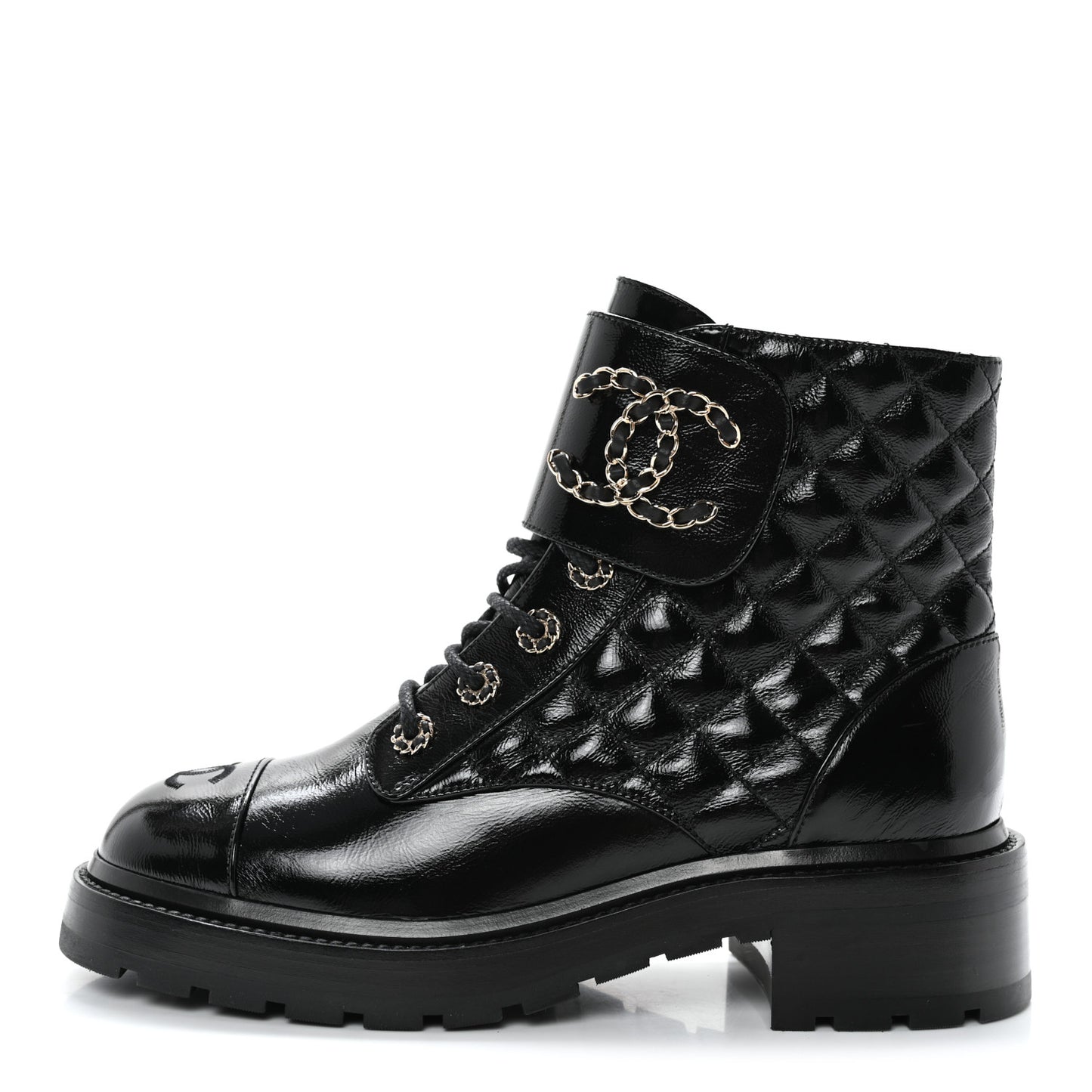Shiny Calfskin Quilted Lace Up Combat Boots 39 Black