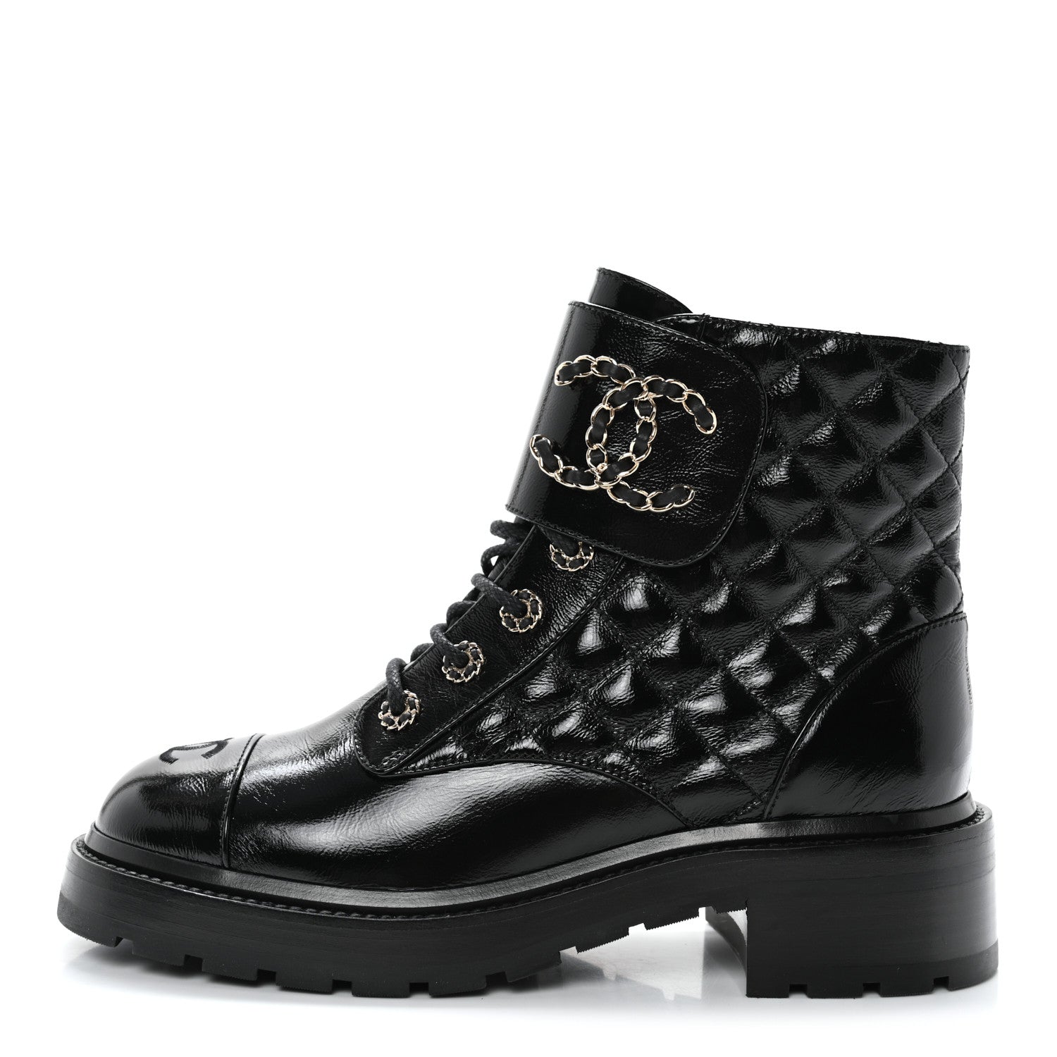 Chanel Shiny Calfskin Quilted Lace Up Combat Boots 39 Black 1 of 10