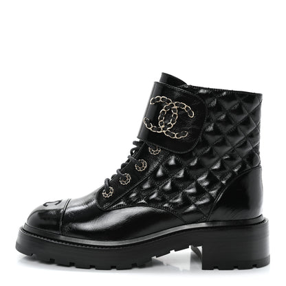 Chanel Shiny Calfskin Quilted Lace Up Combat Boots 39 Black 1 of 10