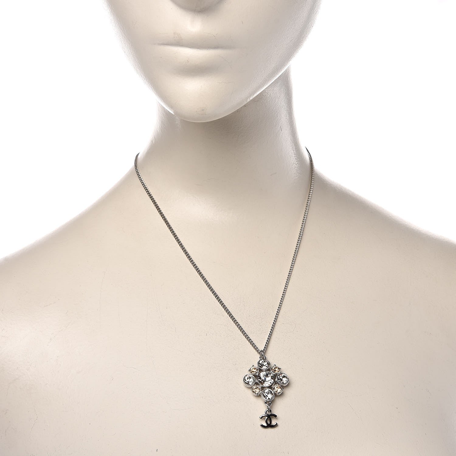 Chanel Crystal CC Drop Pendant Necklace Silver 2 of 5