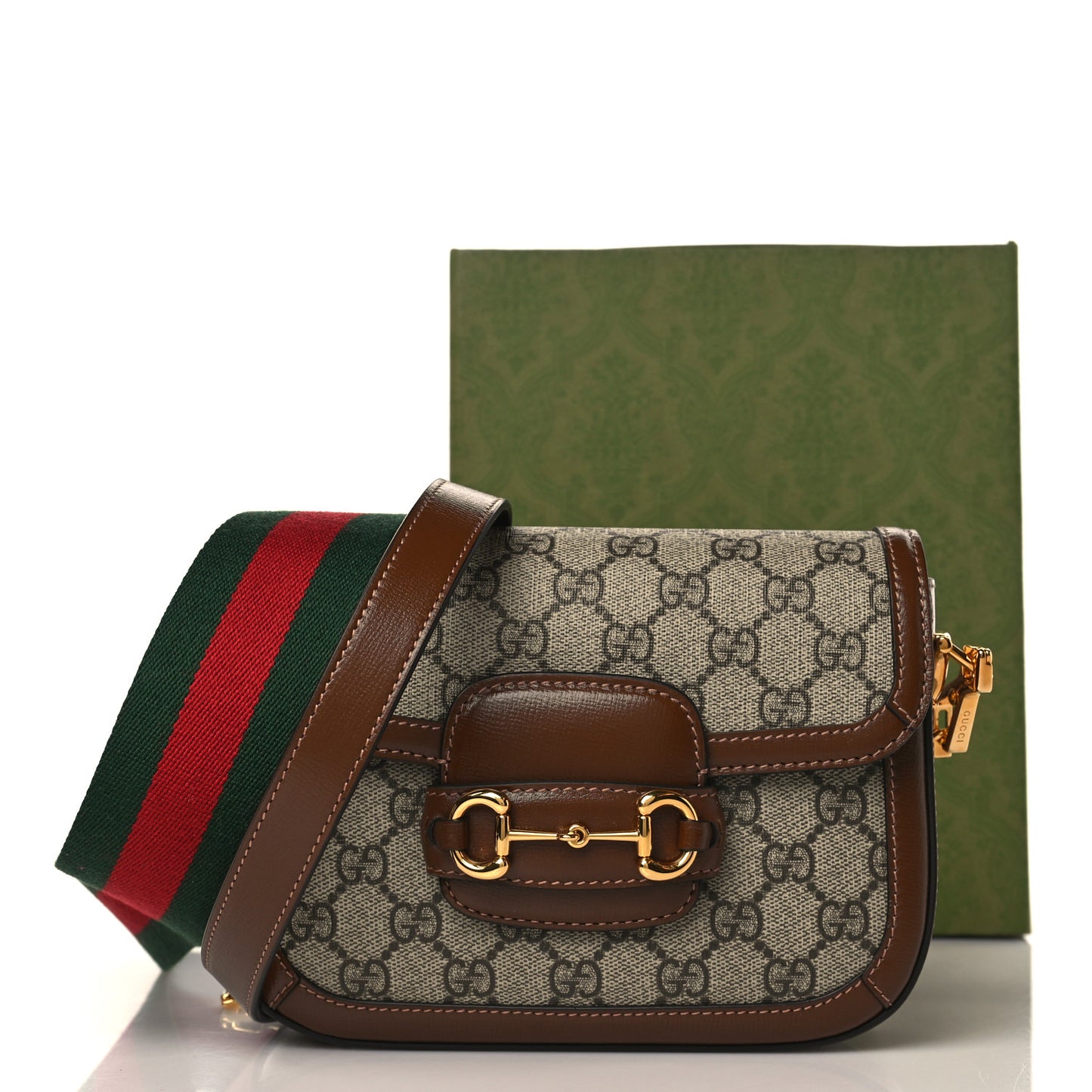 GG Supreme Monogram Web Mini Horsebit 1955 Shoulder Bag Beige Brown Sugar