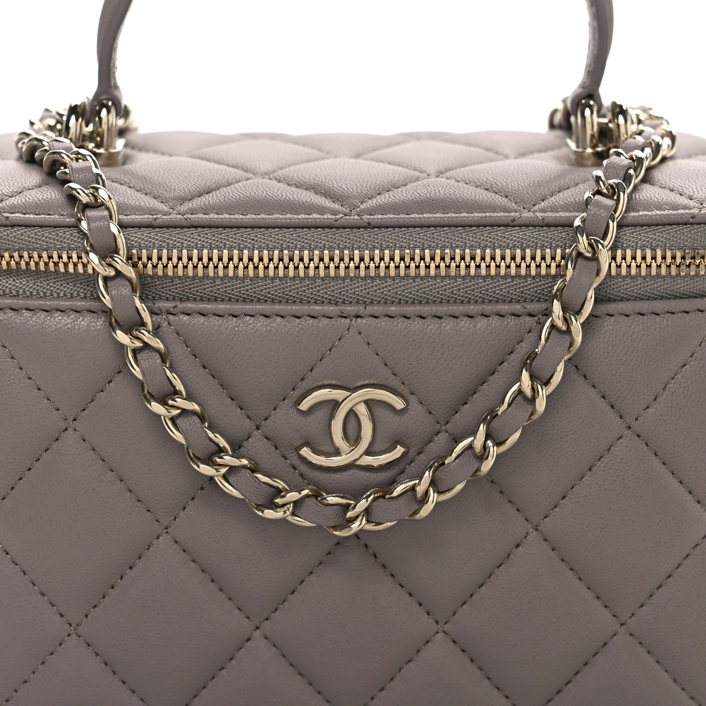 Lambskin Quilted Small Top Handle Vanity Case With Chain Dark Grey