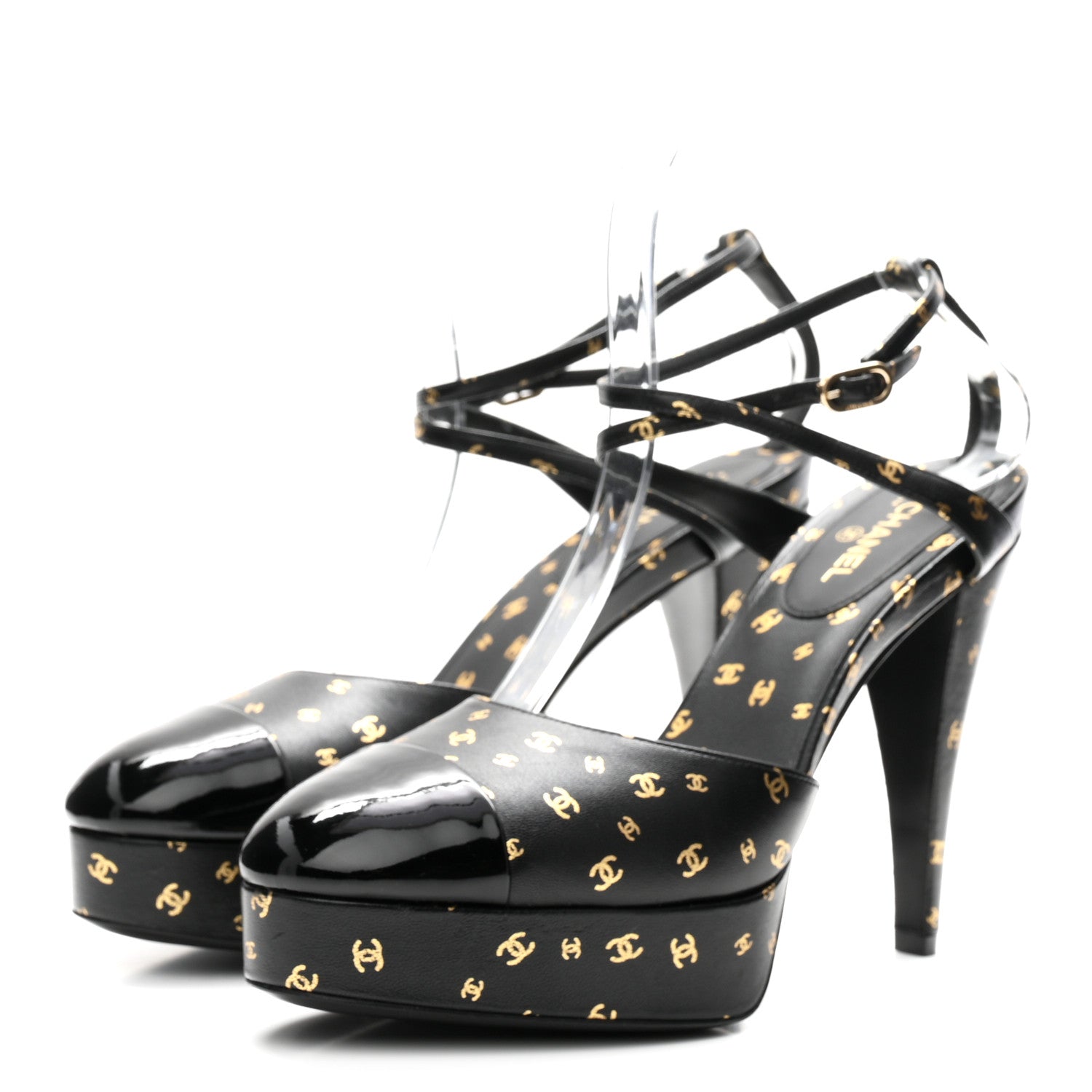 Chanel Printed Lambskin Patent Calfskin CC Platform Pumps 39.5 Black Gold 4 of 10