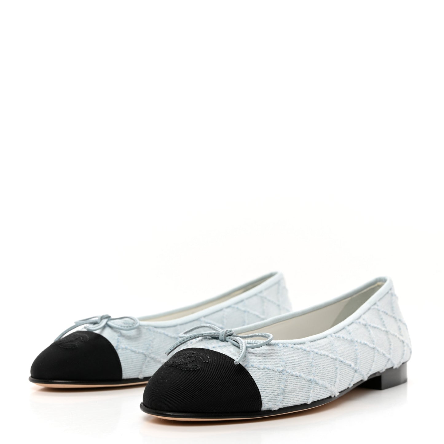 Denim Embroidered Grosgrain CC Cap Toe Ballerina Flats 37.5 Blue Black