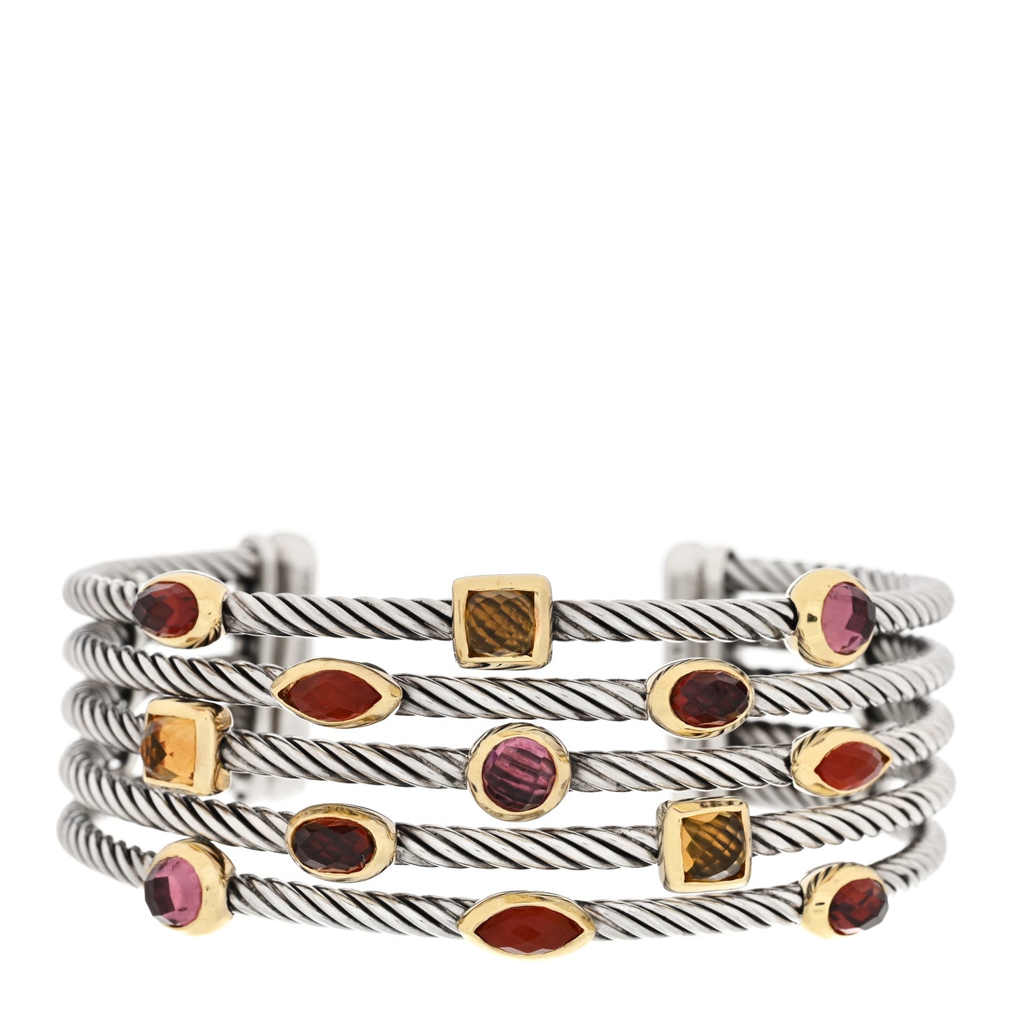 Sterling Silver 18K Yellow Gold Garnet Pink Tourmaline Citrine Carnelian Confetti Five Row Cuff Bracelet