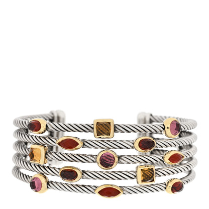 David Yurman Sterling Silver 18K Yellow Gold Garnet Pink Tourmaline Citrine Carnelian Confetti Five Row Cuff Bracelet 1 of 3