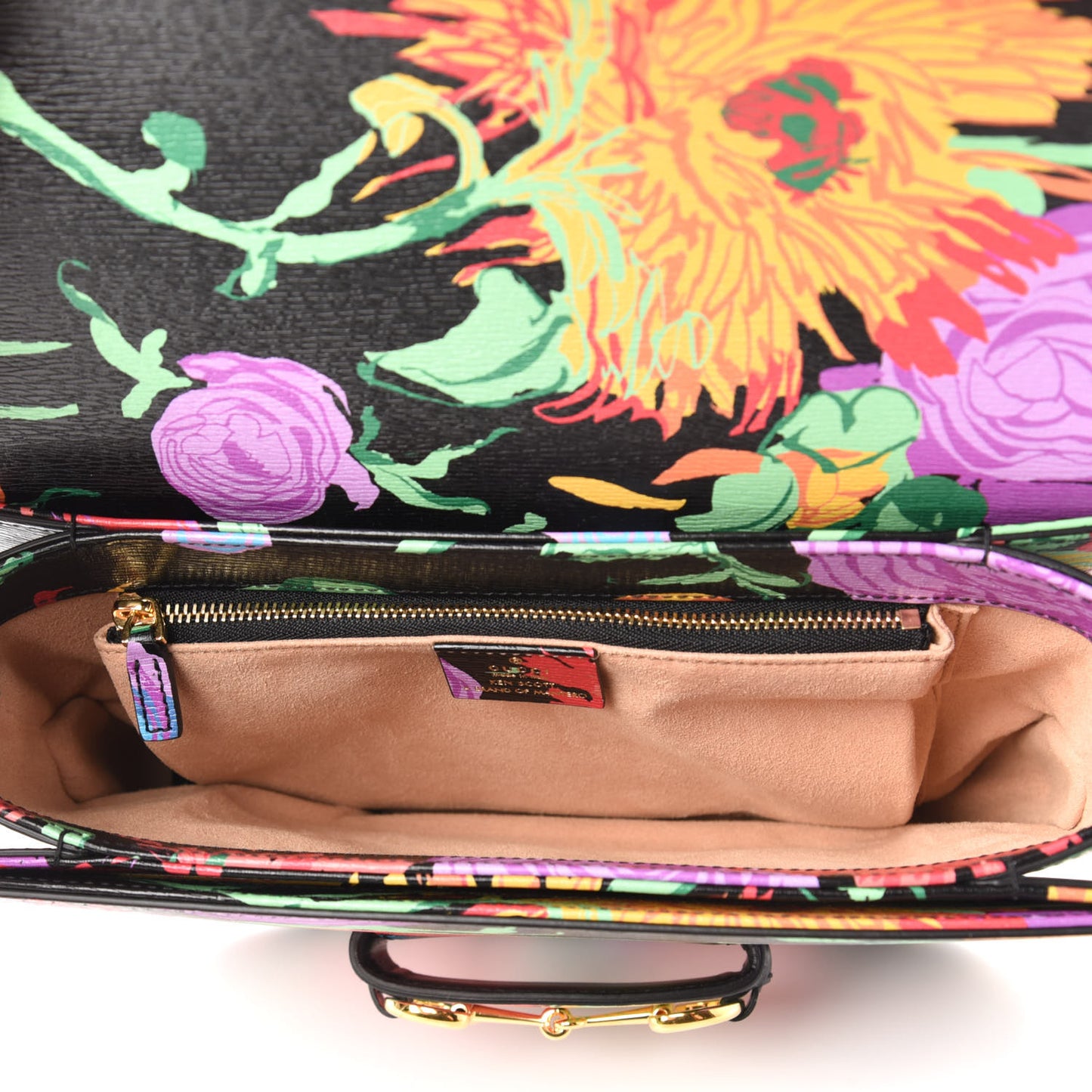 X KEN SCOTT New Shangai Calfskin Jenny Floral Print Horsebit 1955 Shoulder Bag Black Pink