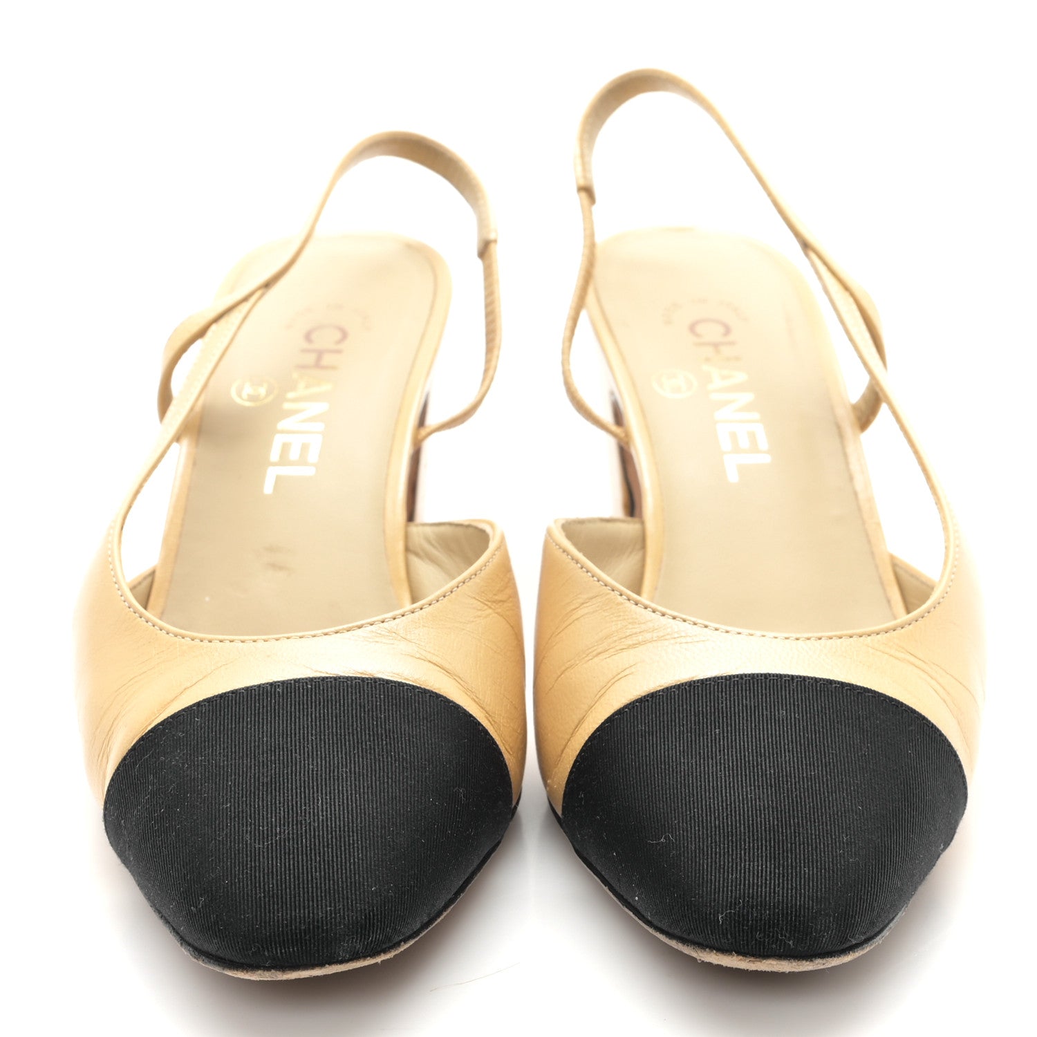 Chanel Goatskin Grosgrain Cap Toe CC Slingback Pumps 38.5 Beige Black 3 of 9