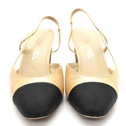 Chanel Goatskin Grosgrain Cap Toe CC Slingback Pumps 38.5 Beige Black 3 of 9