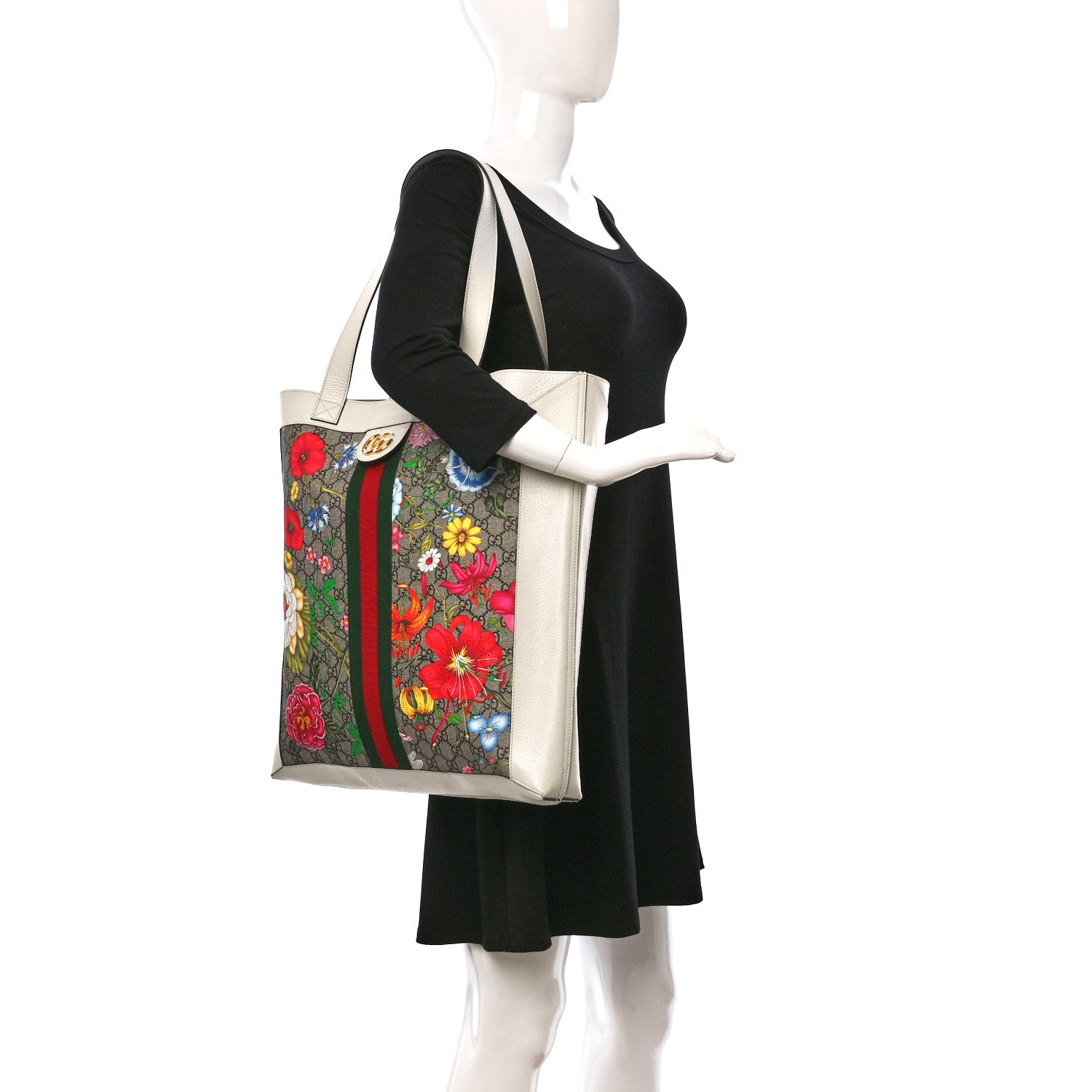 Gucci GG Supreme Monogram Flora Web Ophidia Vertical Shopping Tote White 2 of 10
