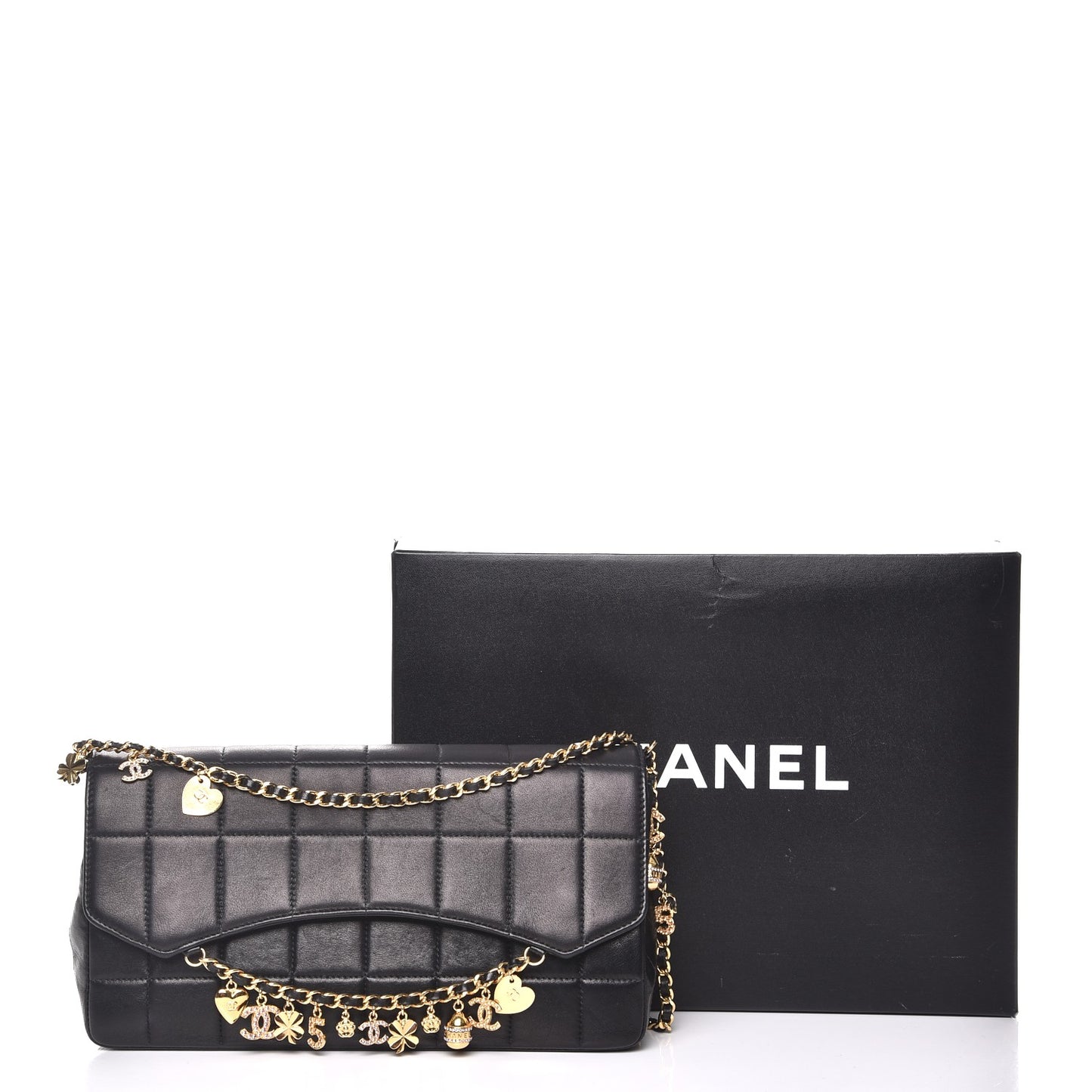 Lambskin Quilted Crystal Chocolate Bar Charm Flap Black