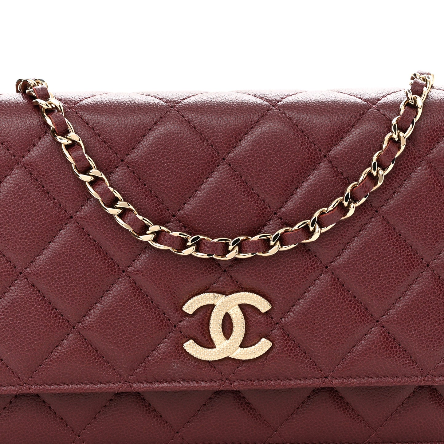 Caviar Quilted Studded CC Wallet On Chain WOC Burgundy