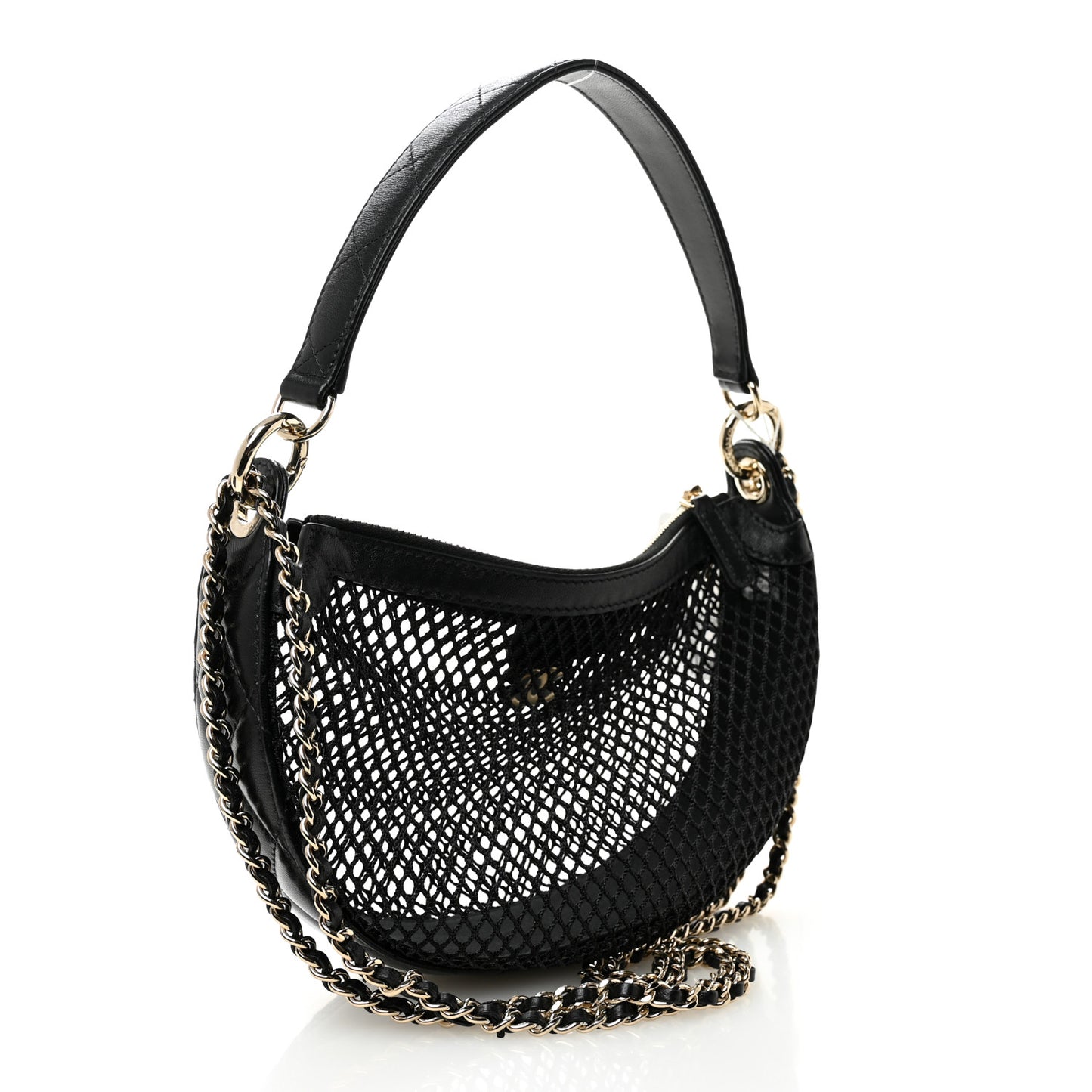 Mesh Shiny Lambskin Chain Hobo Black