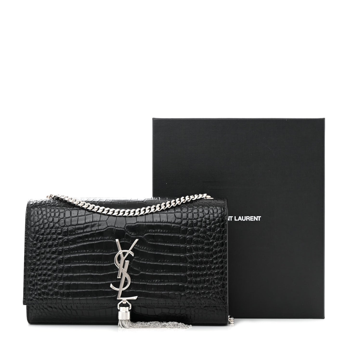 Calfskin Crocodile Embossed Medium Classic Monogram Kate Tassel Satchel Black