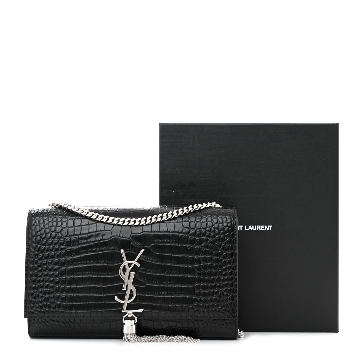 Saint Laurent Calfskin Crocodile Embossed Medium Classic Monogram Kate Tassel Satchel Black 11 of 11