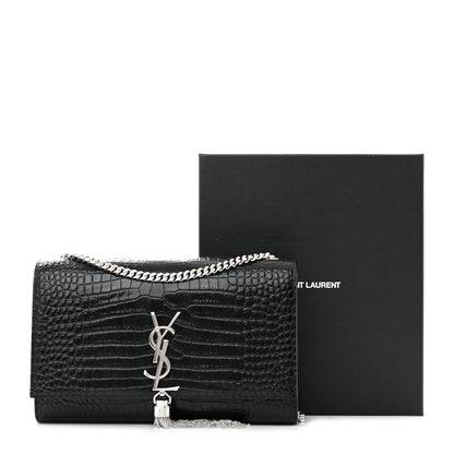 Saint Laurent Calfskin Crocodile Embossed Medium Classic Monogram Kate Tassel Satchel Black 11 of 11