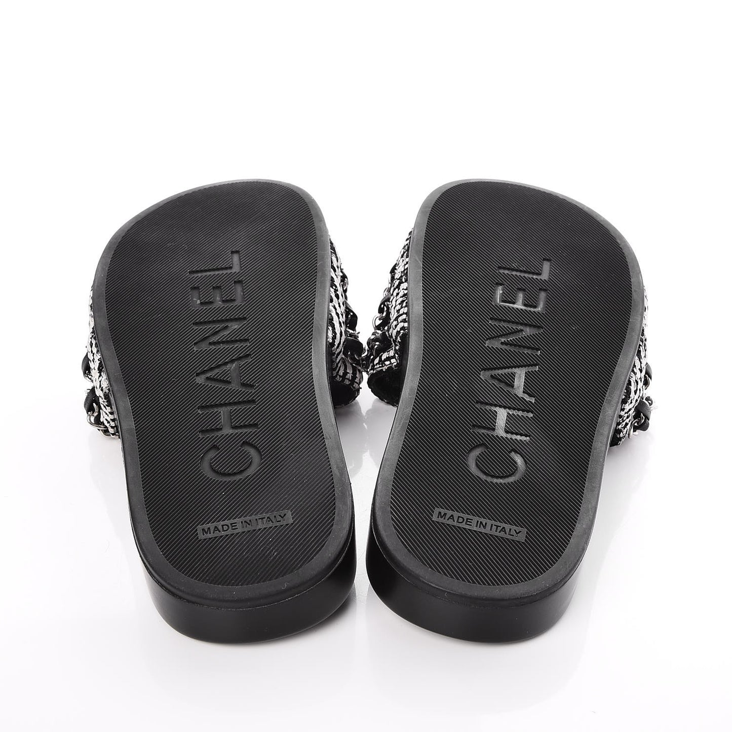 Tweed Lambskin Chain Flat Sandals 37 Black White