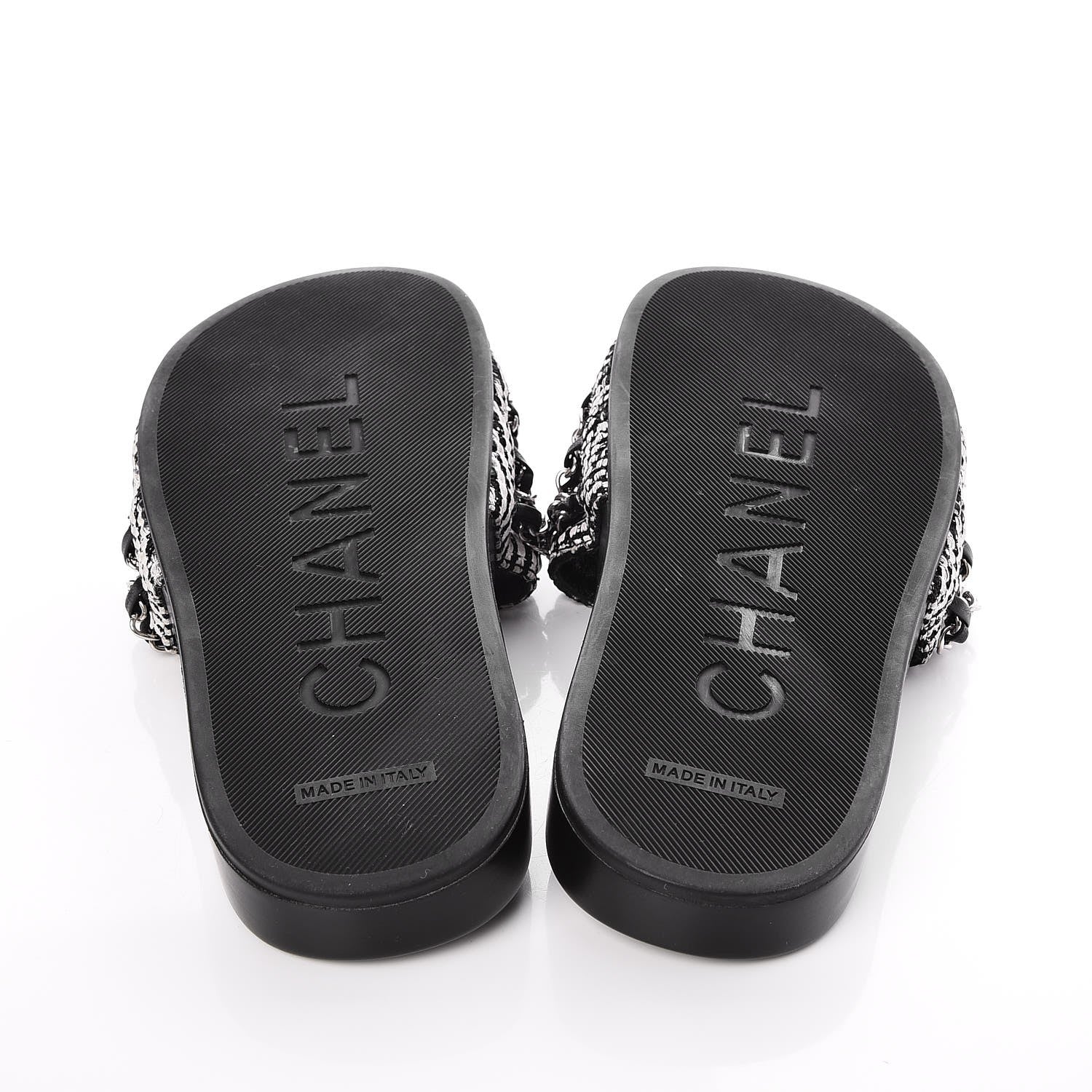 Chanel Tweed Lambskin Chain Flat Sandals 37 Black White 5 of 8