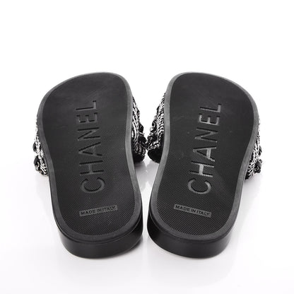 Chanel Tweed Lambskin Chain Flat Sandals 37 Black White 5 of 8
