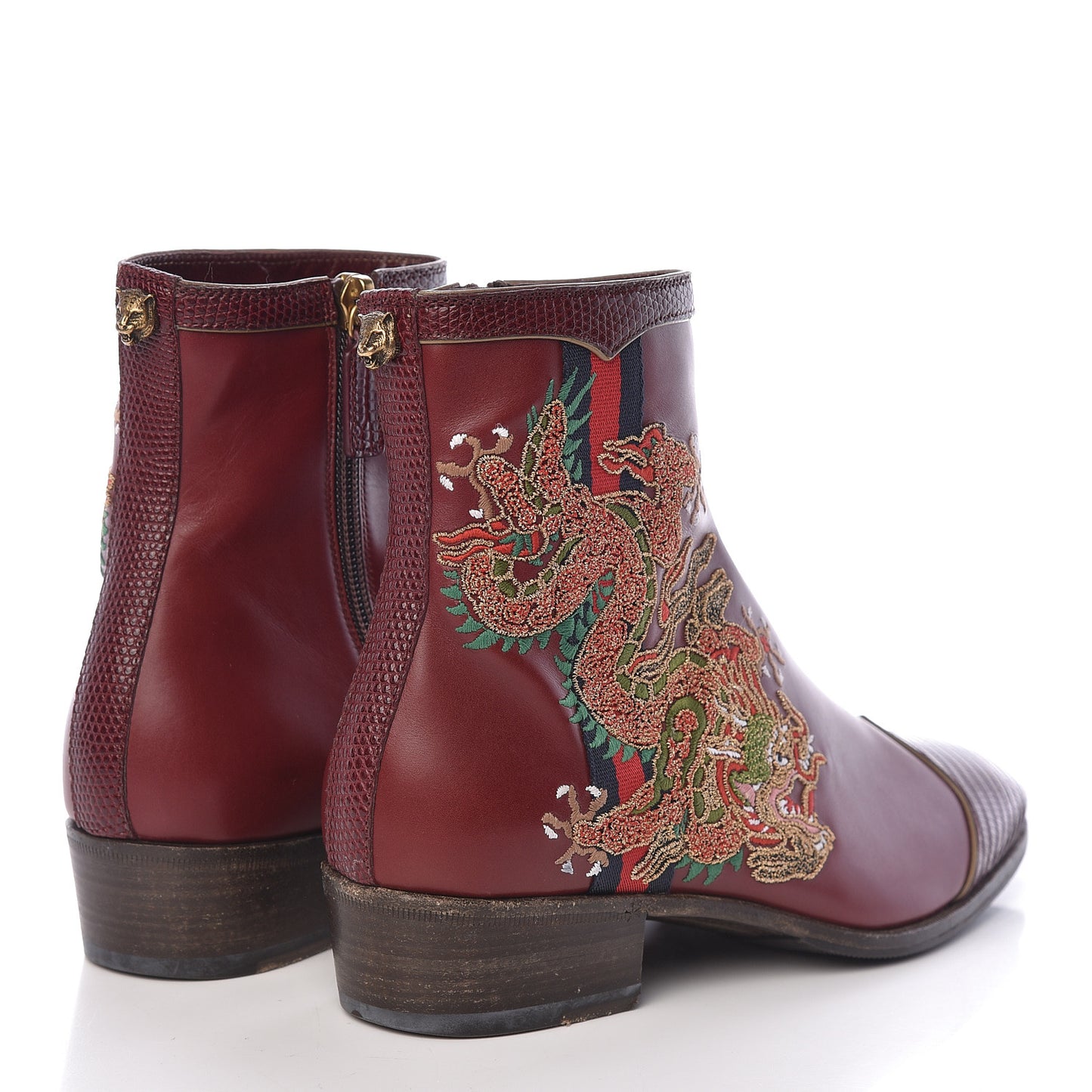 Calfskin Malaga Kid Lizard Web Dragon Embroidered Ankle Boots 35.5 Bordeaux