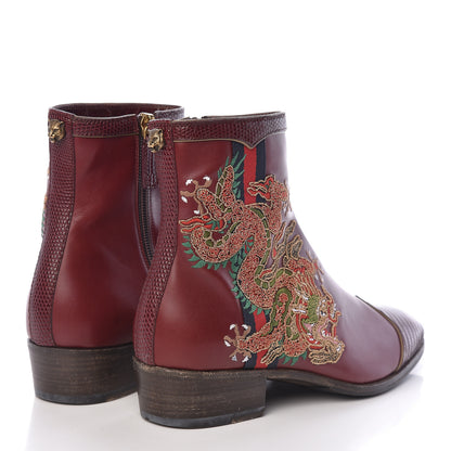 Gucci Calfskin Malaga Kid Lizard Web Dragon Embroidered Ankle Boots 35.5 Bordeaux 4 of 11