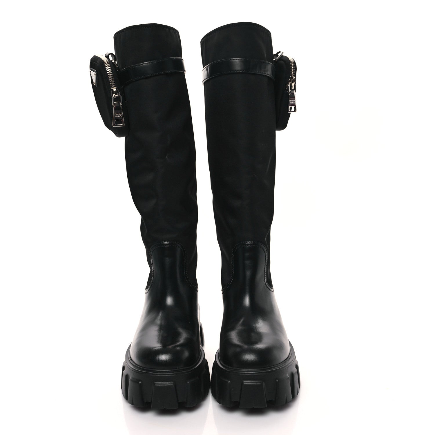 Prada Spazzolato Rois Re-Nylon Metal Triangle Logo Monolith Pouch Pocket 55mm Tall Boots 38 Black 2 of 9