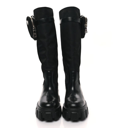 Prada Spazzolato Rois Re-Nylon Metal Triangle Logo Monolith Pouch Pocket 55mm Tall Boots 38 Black 2 of 9