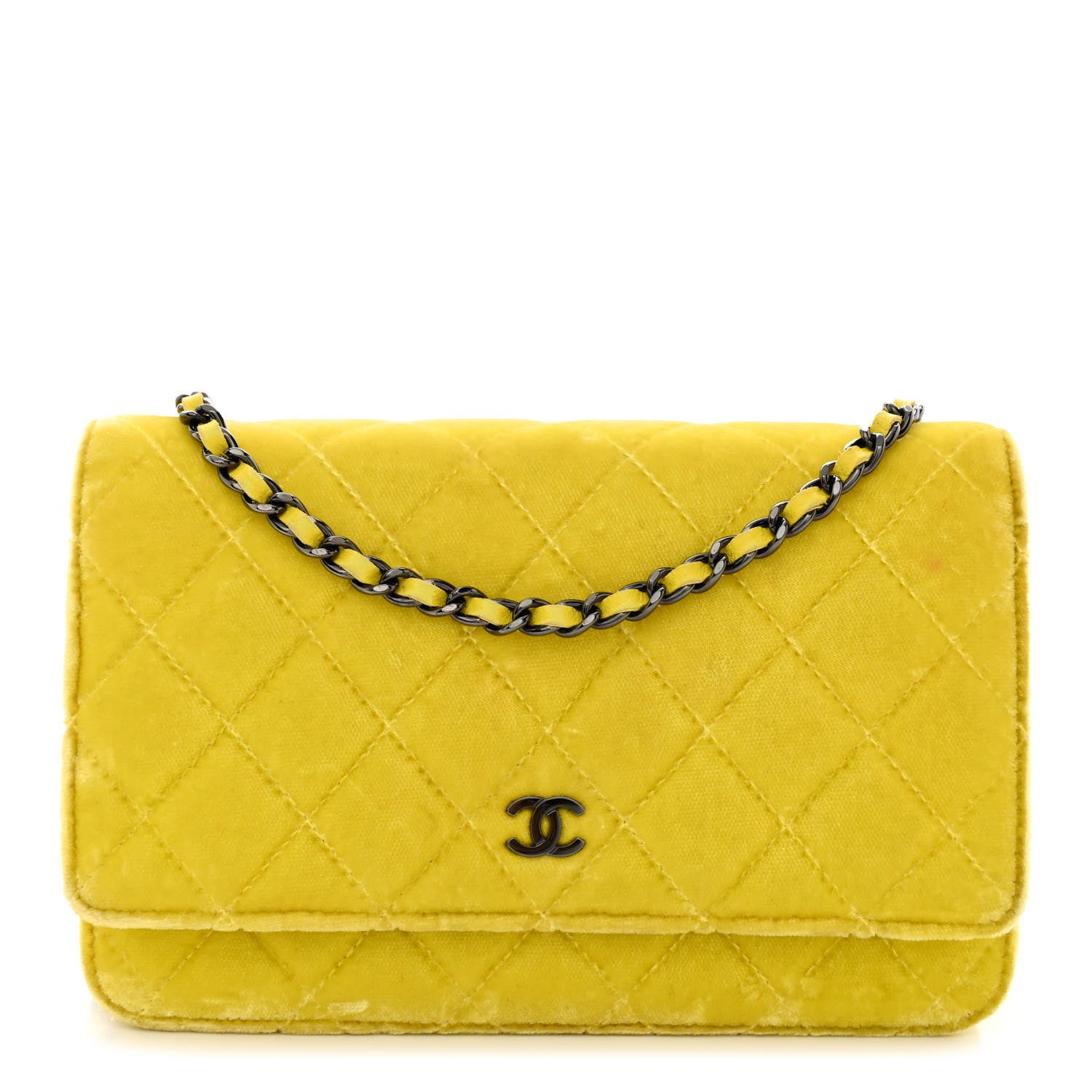 Chanel Velvet Quilted Wallet On Chain WOC Yellow 1 of 15
