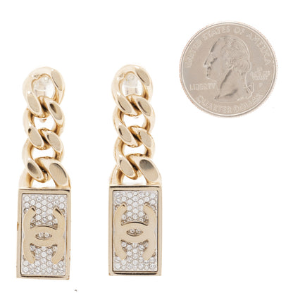 Chanel Crystal Dog Tag Charm Clip On Earrings Gold 2 of 5