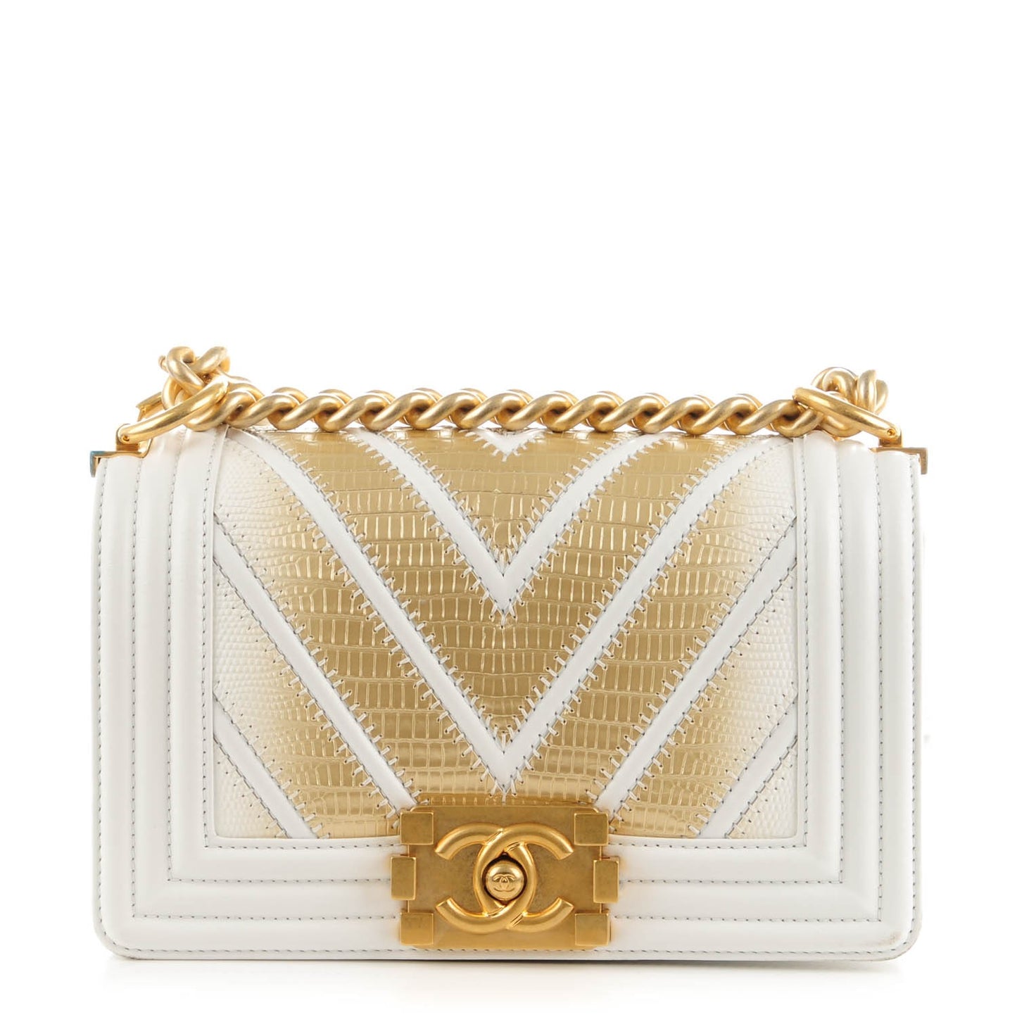 Lizard Chevron Small Boy Flap White Gold