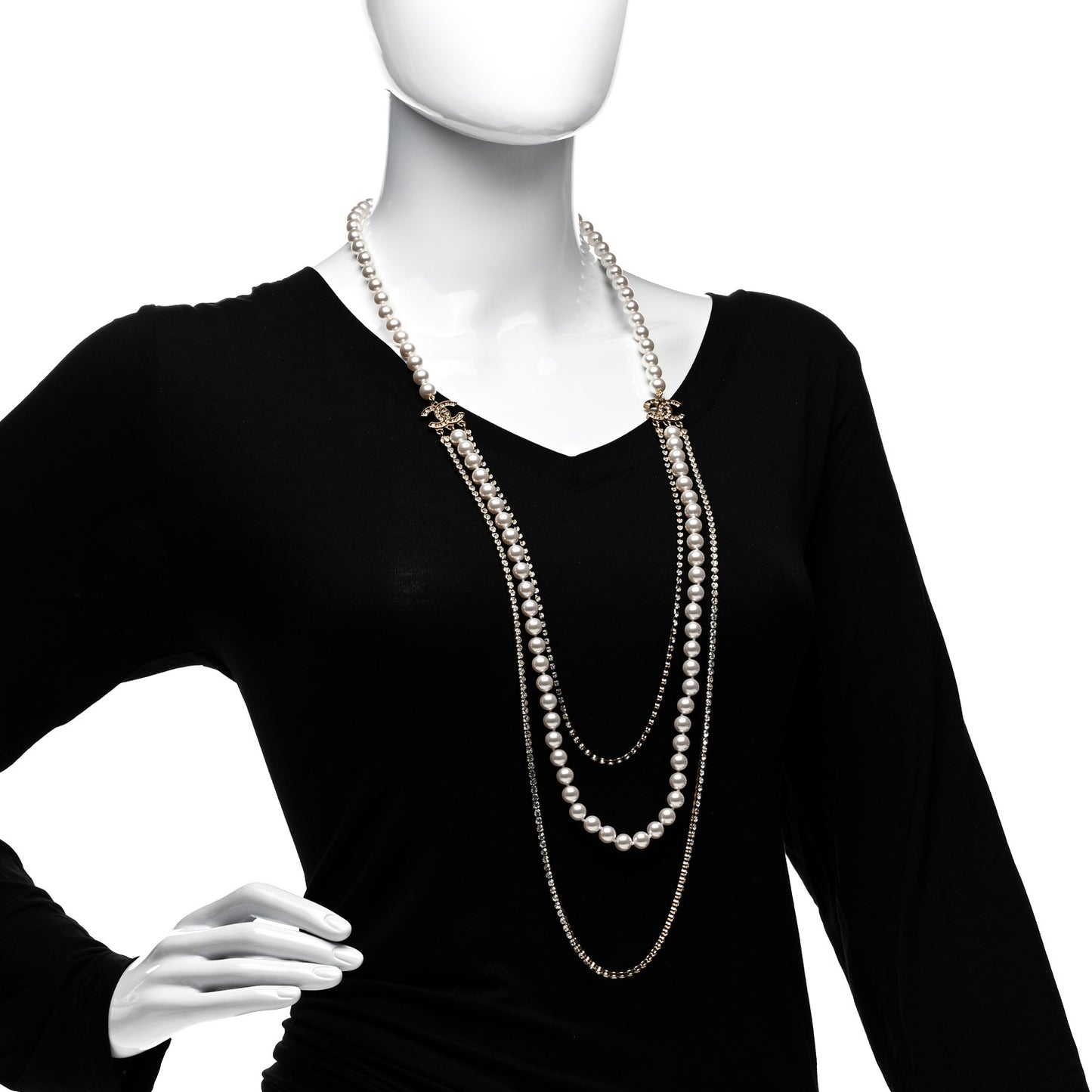 Pearl Crystal Multi Strand CC Long Necklace Gold